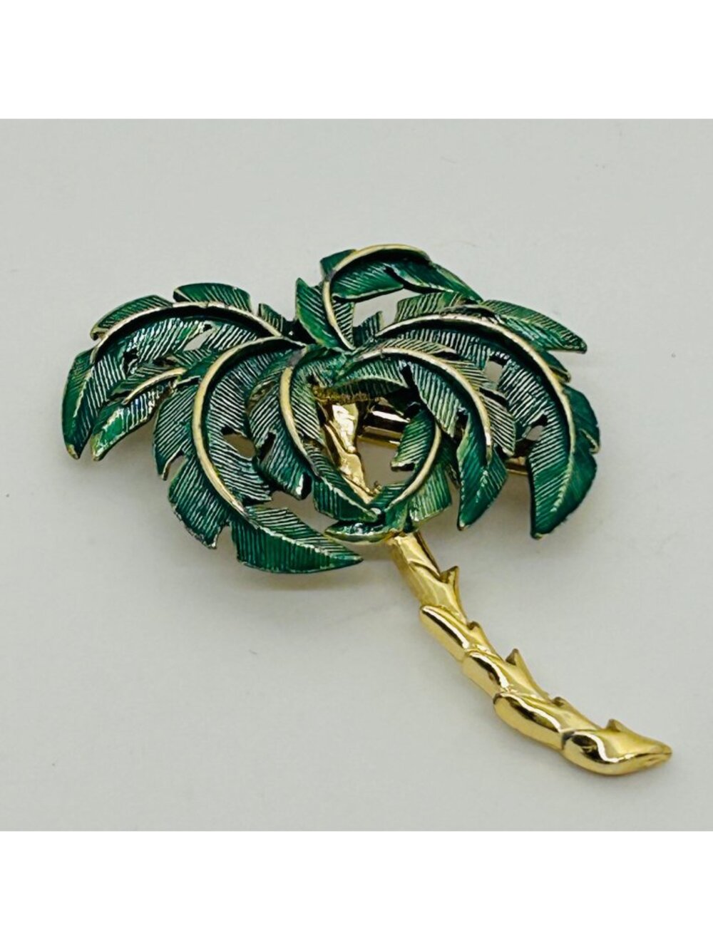 Vintage Palm Tree Brooch Green Enamel Gold Pin Beach Cruise Tropical Vacation